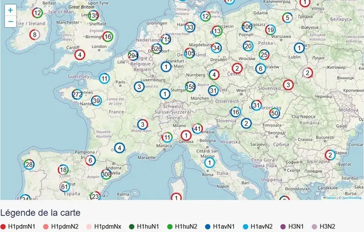 <em class="placeholder">La carte interactive publiée par Ceva indique pour chaque pays la proportion des variants de la Grippe A détectés par des analyses en laboratoire.</em>
