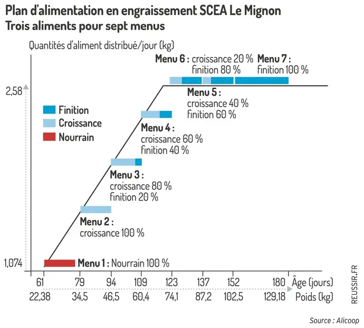 <em class="placeholder">Graphique = Plan d&#039;alimentation en engraissement SCEA Le MignonTrois aliments pour sept menus</em>