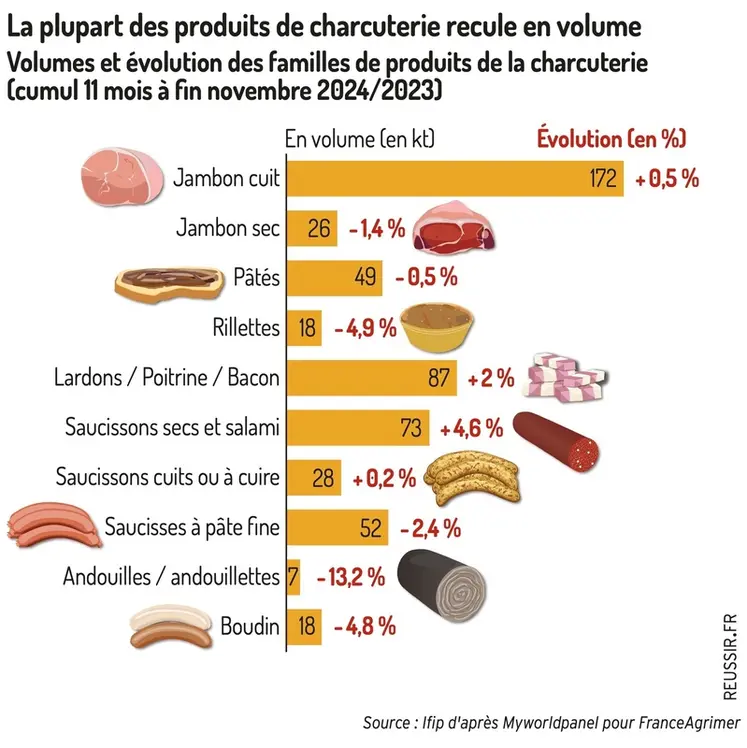 <em class="placeholder">Graphique = La plupart des produits de charcuterie recule en volumeVolumes et évolution des familles de produits de la charcuterie (cumul 11 mois à fin novembre 2024/2023)</em>