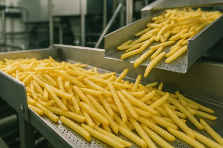 <em class="placeholder">Industrial french fry production process in food manufacturing facility.</em>