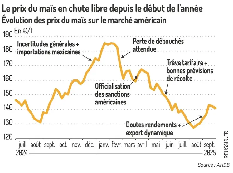 <em class="placeholder">Le prix du maïs en chute libre depuis le début de l'annéeÉvolution des prix du maïs sur le marché américain</em>