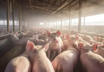 Agricultural Crops: Pigs in pig farms still eat from troughs. Food in the barn, healthy pigs, pig farm