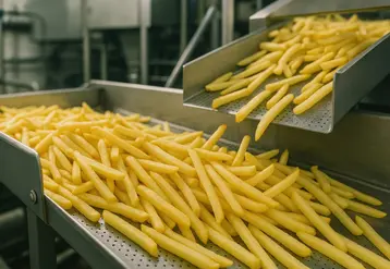<em class="placeholder">Industrial french fry production process in food manufacturing facility.</em>