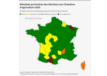 Carte des résultats provisoires aux élections Chambres d'agriculture 2025