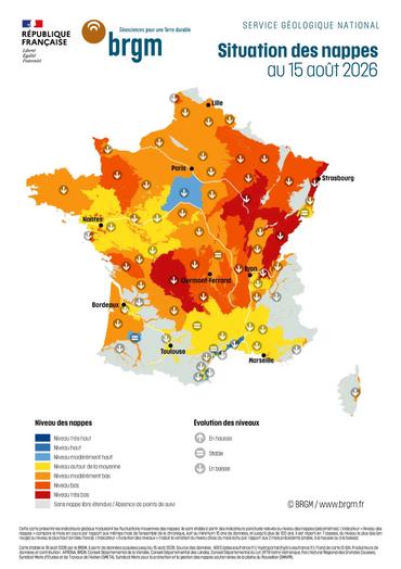 Carte de France hexagonale de la situation des nappes d'eau souterraine au 15 août 2026, établie le 19 août 2026 par le BRGM, à partir de données de la banque ADES acquises jusqu’au 15 août 2026.