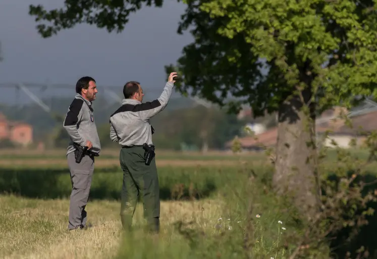 Agents de l'OFB dans un champ sous un arbre