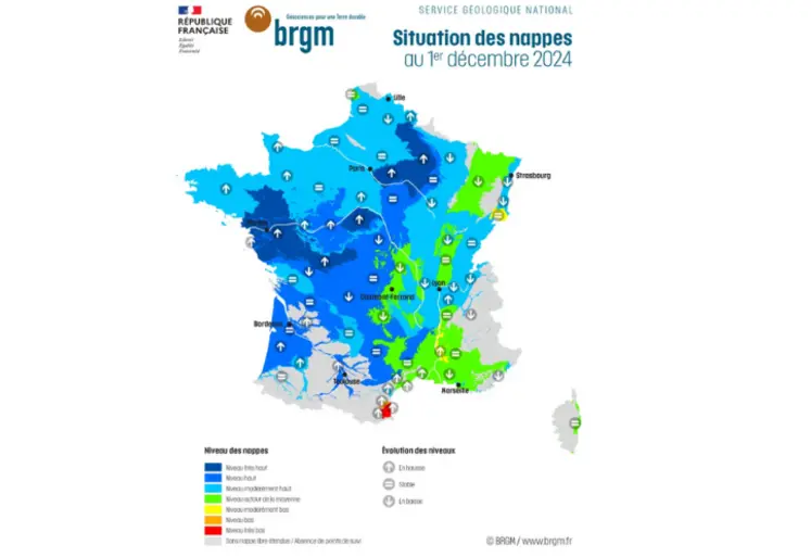 Carte de l'état des nappes phréatiques au 1er décembre 2024