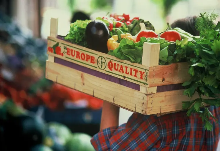 homme portant sur l'épaule une cagette de légumes.