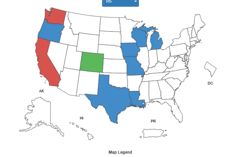 Carte des Etats-Unis représentant le nombre de cas humains de grippe H5 au 1er janvier 2025 (Blanc : 0 cas ; Bleu : de 1 à 5 cas ; Vert : de 6 à 10 cas ; Rouge : plus de 10 cas) : 