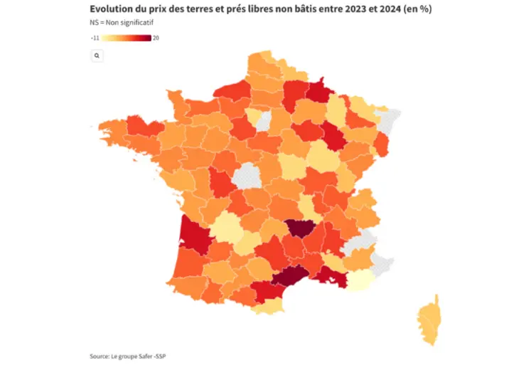 Carte de l’évolution des prix des terres et prés libres entre 2023 et 2024