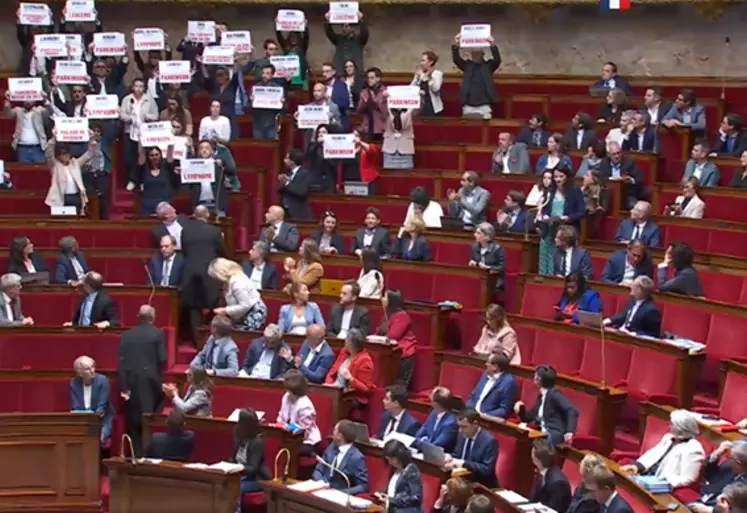 Députés LFI brandissant des pancartes à l'assemblée nationale
