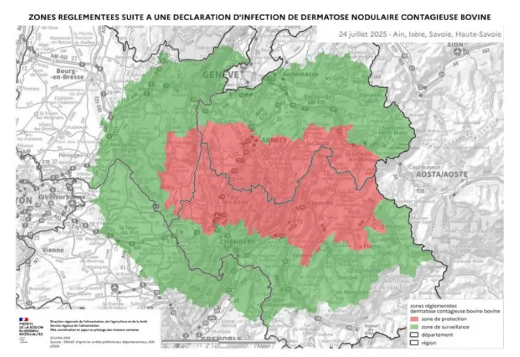 Carte des zones réglementées pour la dermatose nodulaire contagieuse bovine au 24 juillet 2025