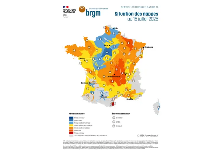 Carte de France hexagonale de la situation des nappes d'eau souterraine au 15 juillet 2025. Différentes couleurs représentent une situation très contrastée pour les nappes de l'Hexagone.