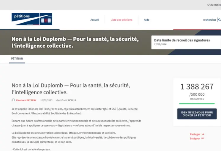 Capture d'écran de la pétition contre la proposition de loi Duplomb sur site de l'Assemblée nationale.