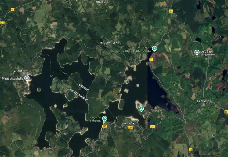 Vue par satellite de la zone entourant le lac de Vassivière dans la Creuse