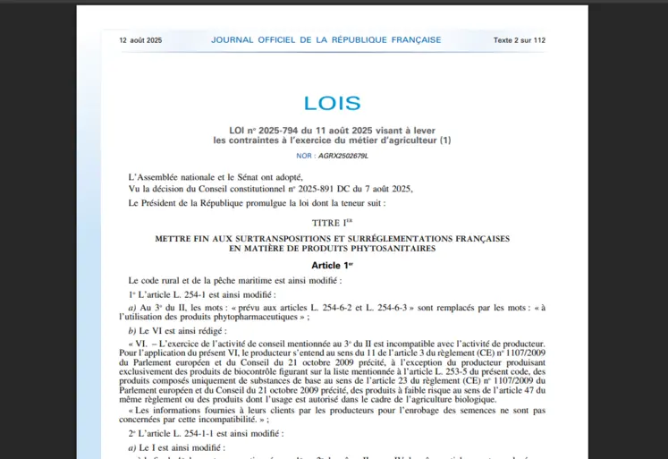 extrait du journal officiel du 12 juillet promulgant la loi Duplomb