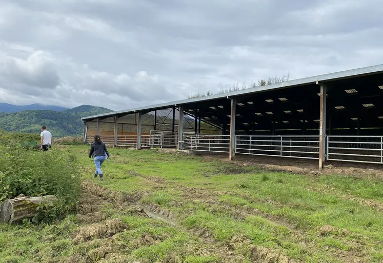 Deux personnes passant devant un hangar agricole