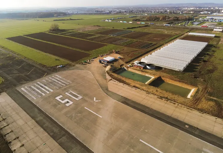 Vue aérienne des parcelles de maraîchage de la Ferme de l'Envol
