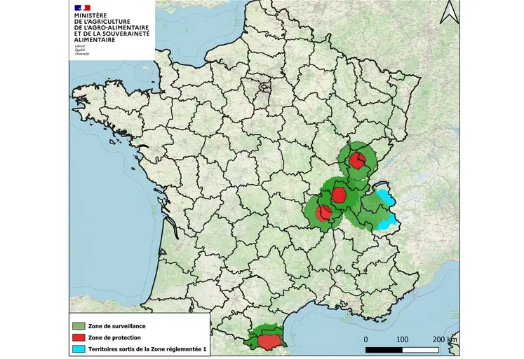 Carte de France symobilisant les 5 zones réglementées pour la DNC au 16 octobre 2025.