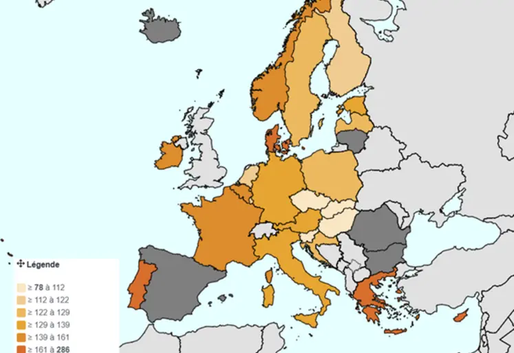 Carte de l’Union européenne de la production des déchets alimentaires en 2023. 