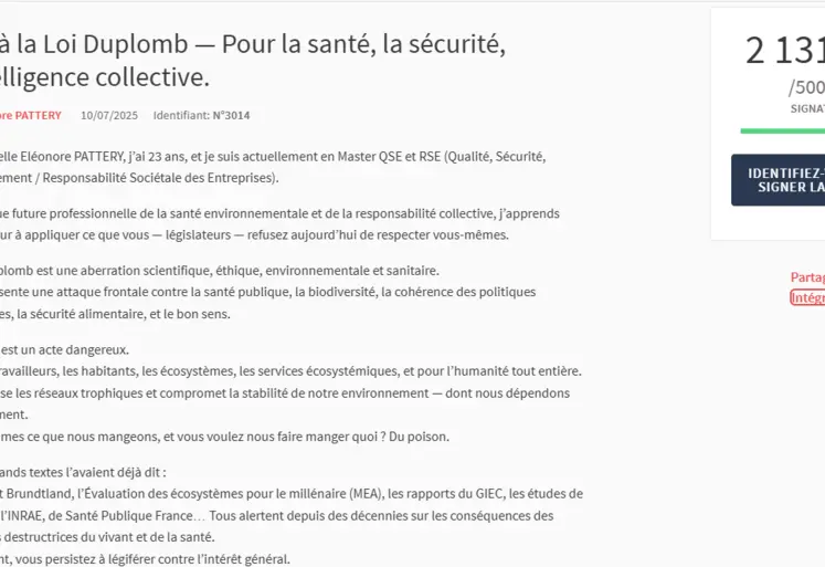 Capture d’écran de la page de l’Assemblée nationale hébergeant la pétition contre la loi Duplomb.