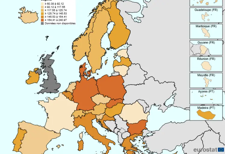 Carte de l'Union européenne représentant le revenu agricole selon l'index par unité de travail annuel. 