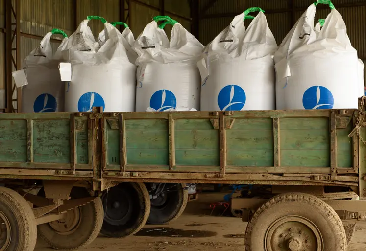 Sacs d’engrais sur une remorque sous un hangar agricole