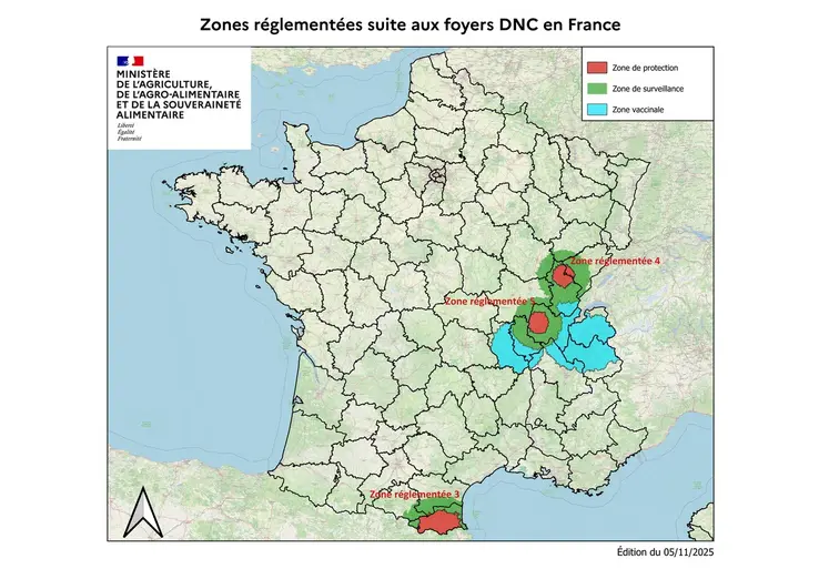 Carte des zones réglementées et vaccinées liées à la DNC au 5 novembre 2025.