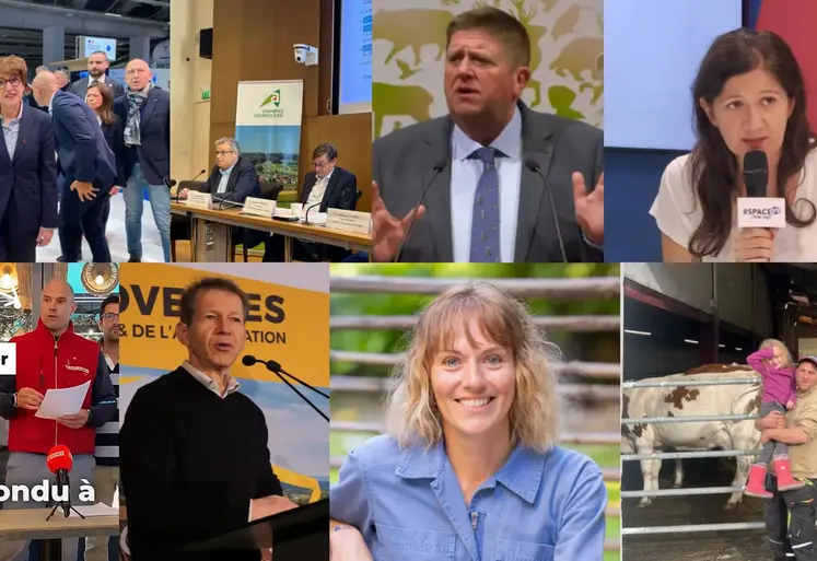 Montage photos avec (de gauche à droite et de haut en bas) Annie Genevard, Sébastien Winsdor, Willy Schraen, Kristel Gache, Benjamin d'un collectif d'agriculteurs, Jean-Marc Jancovici, Marine Colli et Nicolas Prud'homme