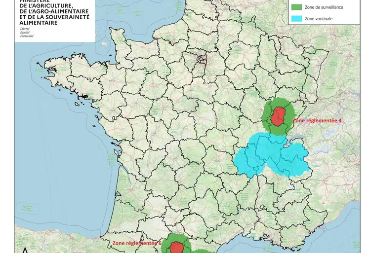 Carte des zones de vaccination et zones réglementées pour la DNC