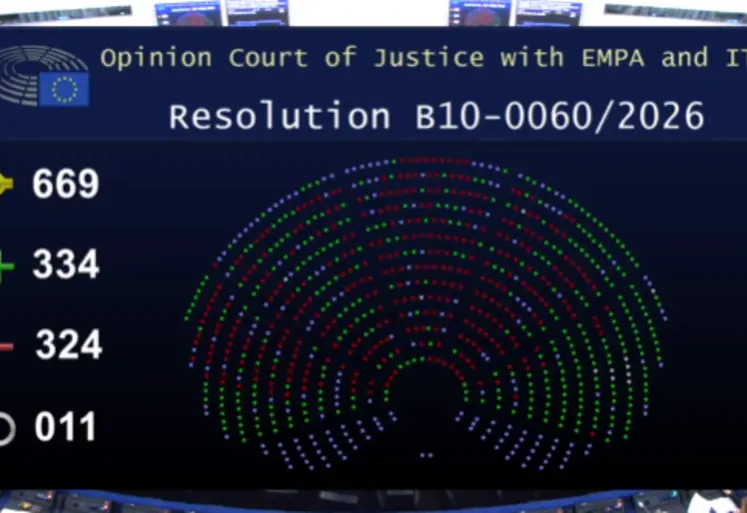 Le détail du vote en plénière de la saisine de la CJUE par les eurodéputés, avec le total de 334 voix pour, 324 contre et 11 abstentions. 