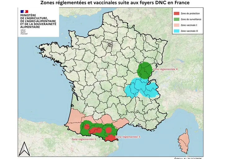 Carte des zones réglementées et vaccinales concernant la dermatose nodulaire contagieuse bovine (DNC) au 2 janvier 2026.