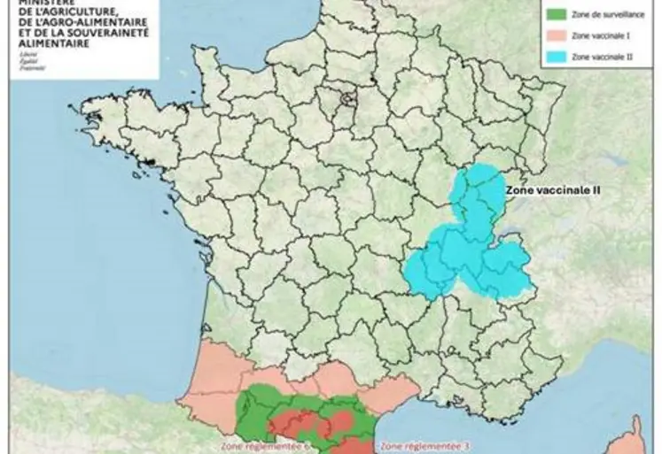 Carte de France avec les zones de surveillance et les zones vaccinales pour la DNC au 18 janvier 2026