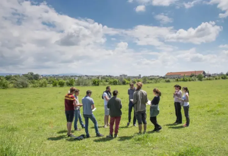 élèves dans un pré avec leur formateur