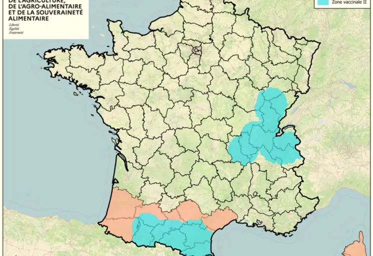 Cartes des zones réglementées et vaccinales liées à la dermatose nodulaire contagieuse bovine (DNC) en France au 27 février 2026.