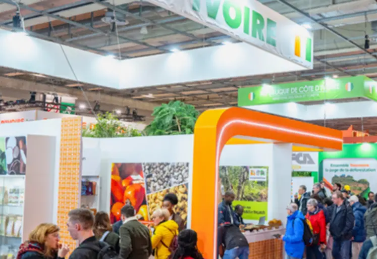 personnes déambulant dans les allées d'un salon devant le stand Côte d'Ivoire