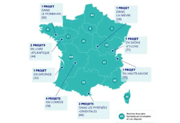 Carte des 13 projets hydrauliques débloqués sur 35 en instruction.  