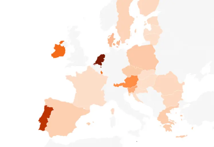 Carte du prix d'achat d'un hectare de terres agricoles ou prairies permanentes dans l'Union européenne en euros par ha.