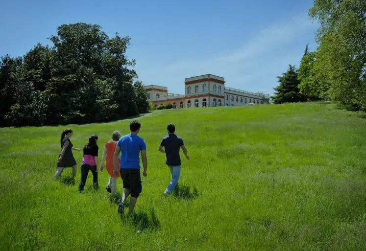 Jeunes gens courant dans l'herbe avec en fond une vieille bâtisse