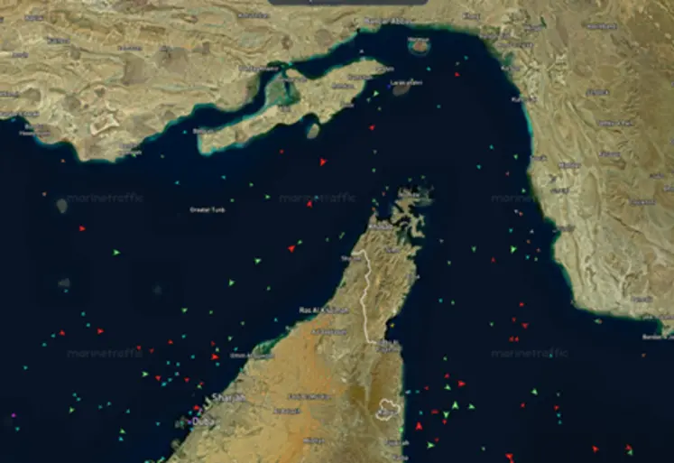 Photographie satellite du détroit d’Ormuz le 29 avril 2026, peu de navires en conséquence de la guerre au Moyen-Orient