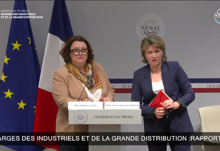 Les sénatrices Catherine Loisier, présidente, et Antoinette Guhl, rapporteure de la commission d’enquête sur les marges des industriels et de la grande distribution lors de la présentation des résultats au Sénat le 21 mai.