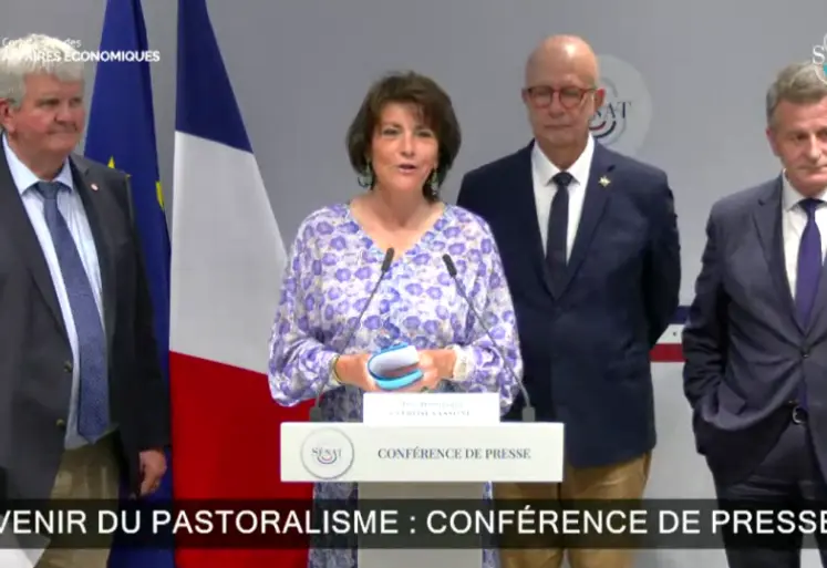 Les rapporteurs Jean-Marc Boyer (Les Républicains), Yves Bleunven (Centriste) et Lucien Stanzione (Socialiste) le 3 juin en conférence de presse au Sénat, présentant leurs recommandations issues de la mission d’information sur l’avenir du pastoralisme. 