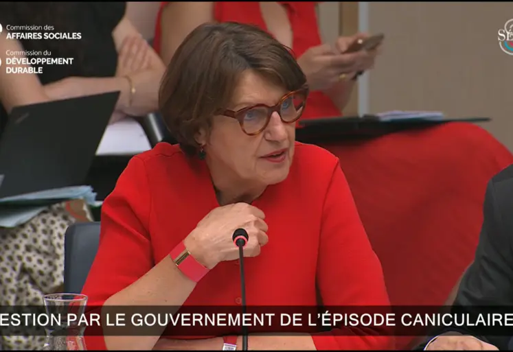 La ministre de l’Agriculture Annie Genevard lors de la Commission de l’aménagement du territoire et du développement durable et des affaires sociales lors de l’échange de vues interministérielles sur la gestion de crise par le Gouvernement de l’épisode caniculaire, le mardi 7 juillet 2026. 