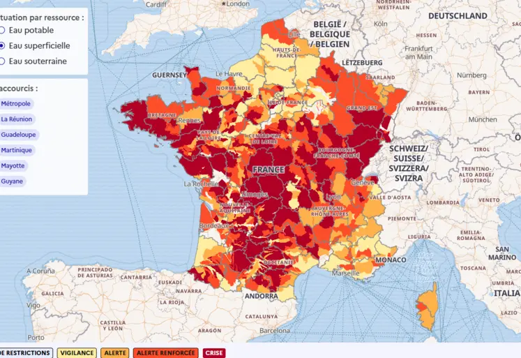 Carte de la situation des eaux superficielles en France au 11 août 2026