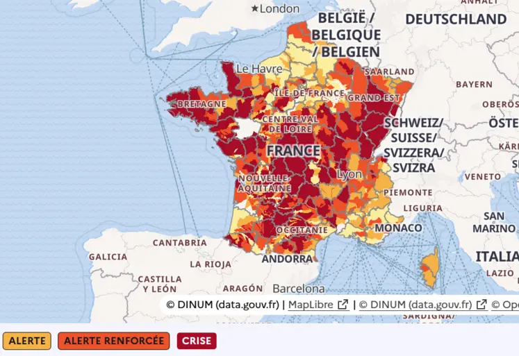 Carte des restrictions d'eaux superficielles au 14 août 2026.