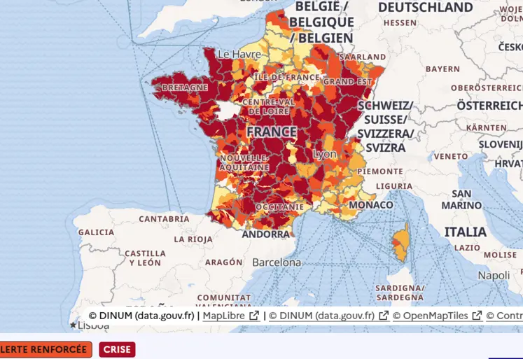 Carte des restrictions d'eaux superficielles arrêtées au 17 août.