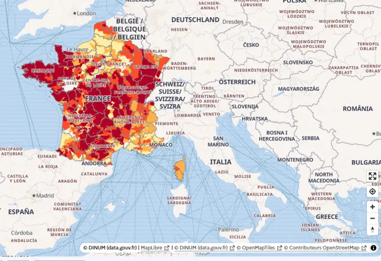 Carte de l'état des eaux superficielles en France au 19 août 2026