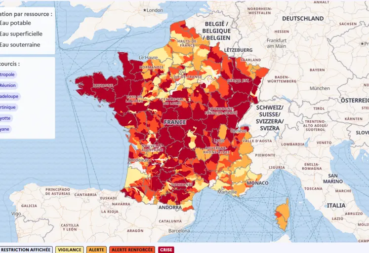 Carte de la situation des eaux superficielles en France métropolitaine au 31 août 2026