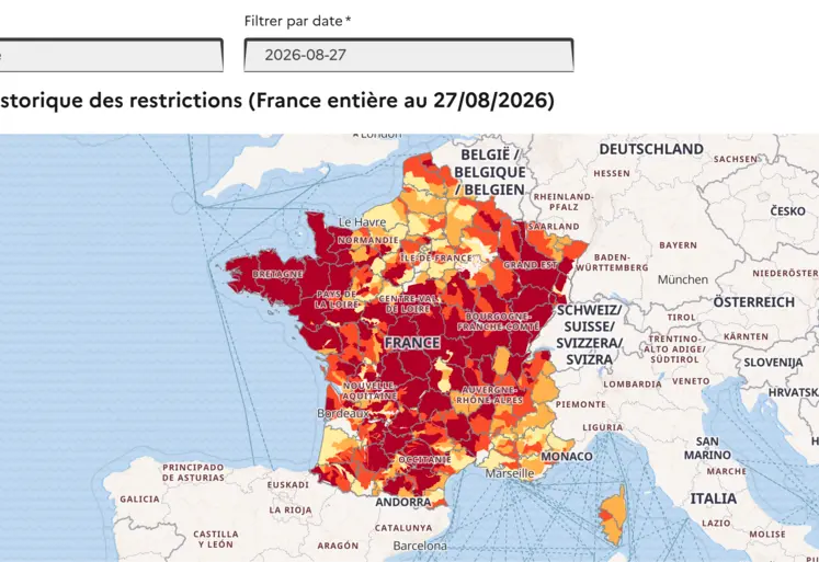 Carte de la situation des eaux superficielles en France métropolitaine au 27 août 2026