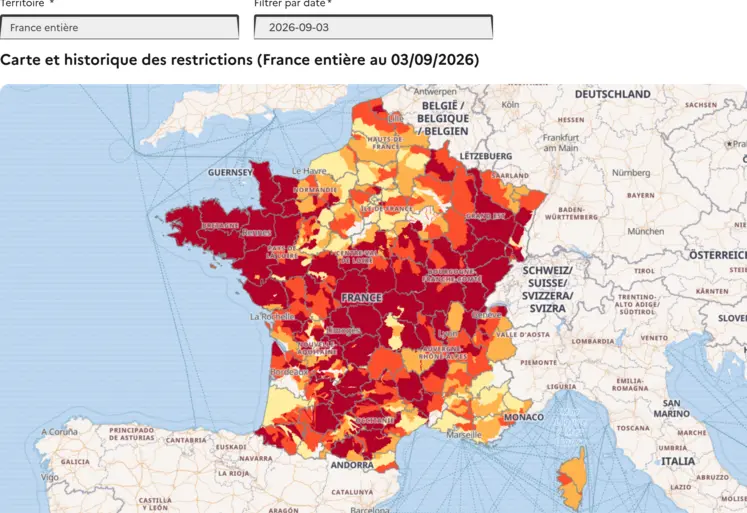 Carte de la situation des eaux superficielles en France au 3 septembre 2026. 